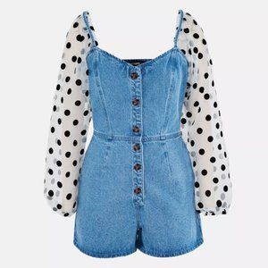 Missguided Blue Polka Dot Organza Sleeve Denim Romper